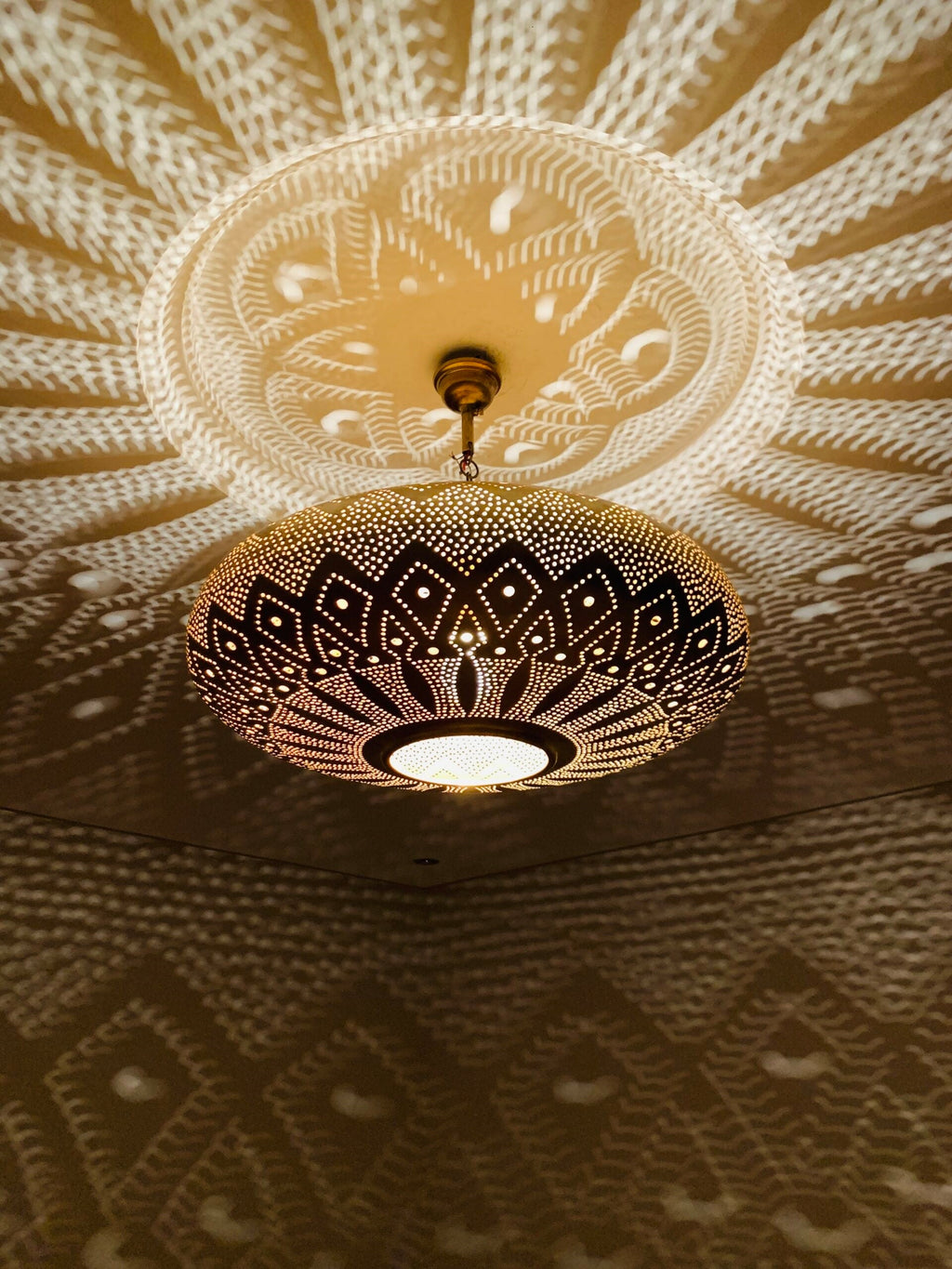 Moroccan Brass Pendant Light – Handcrafted Pierced Hanging Fixture for Dining Room, Kitchen or Entryway